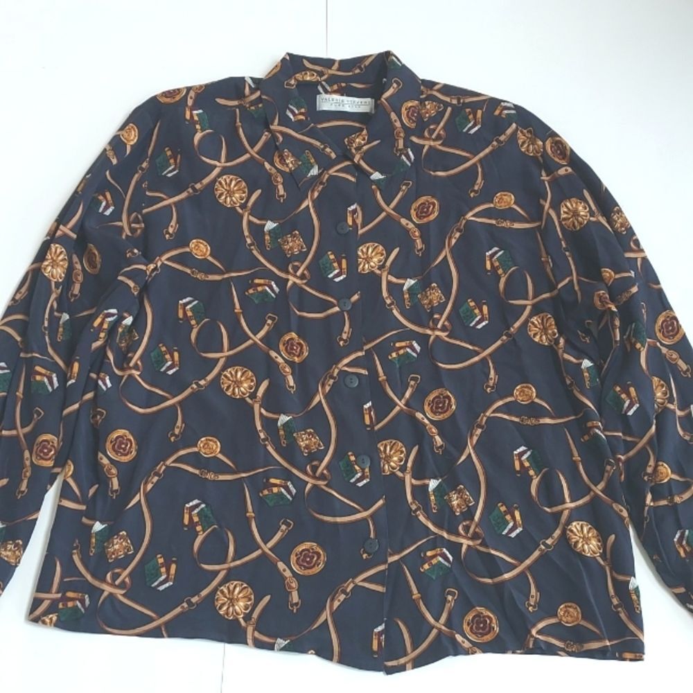 Vintage Valerie Steven's 100% Silk Navy Book Print LS Button Down Blouse Size 14